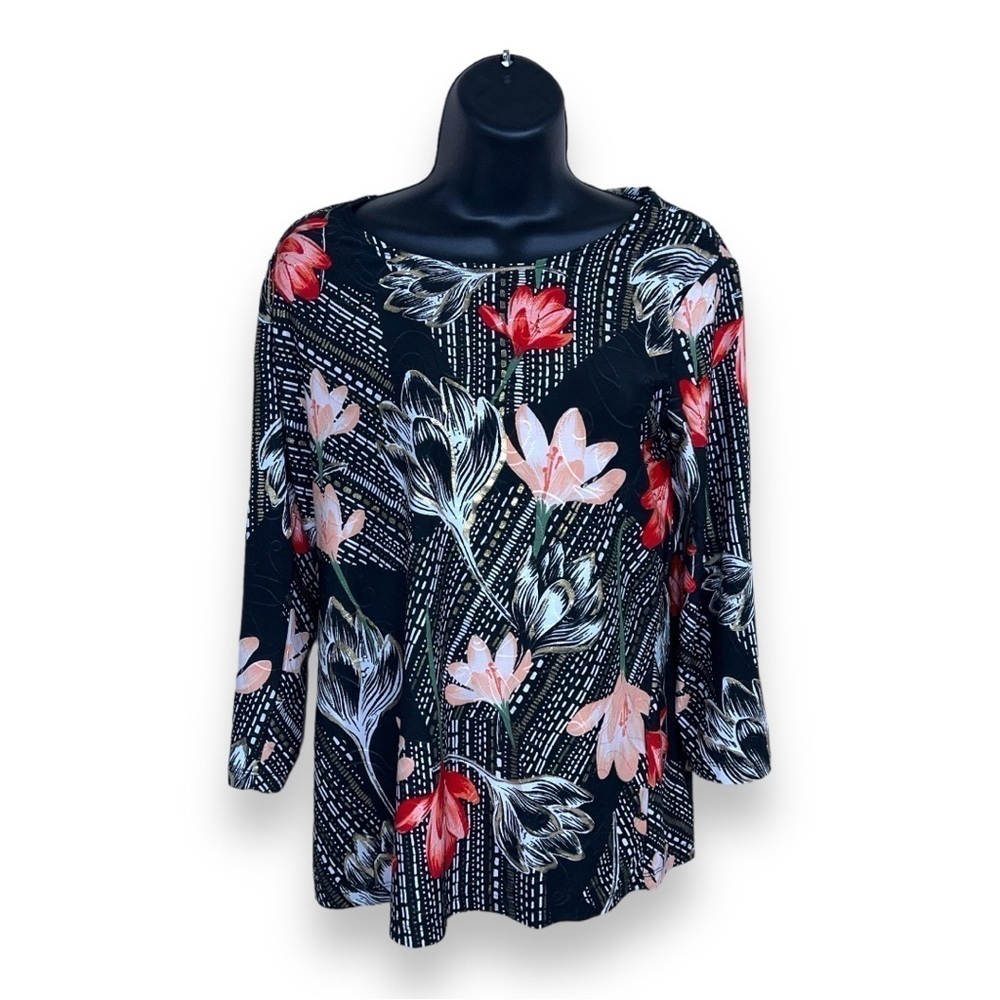 VINTAGE SMALL JM COLLECTION BLOUSE BLACK FLORAL GOLD SHIMMER ACCENT STRETCH